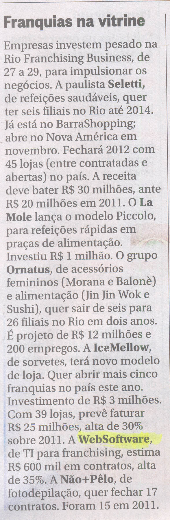 WebSoftware 12 de Setembro de 2012 - Jornal O Globo  - Negócios & Cia - Franquias na Vitrine.jpg